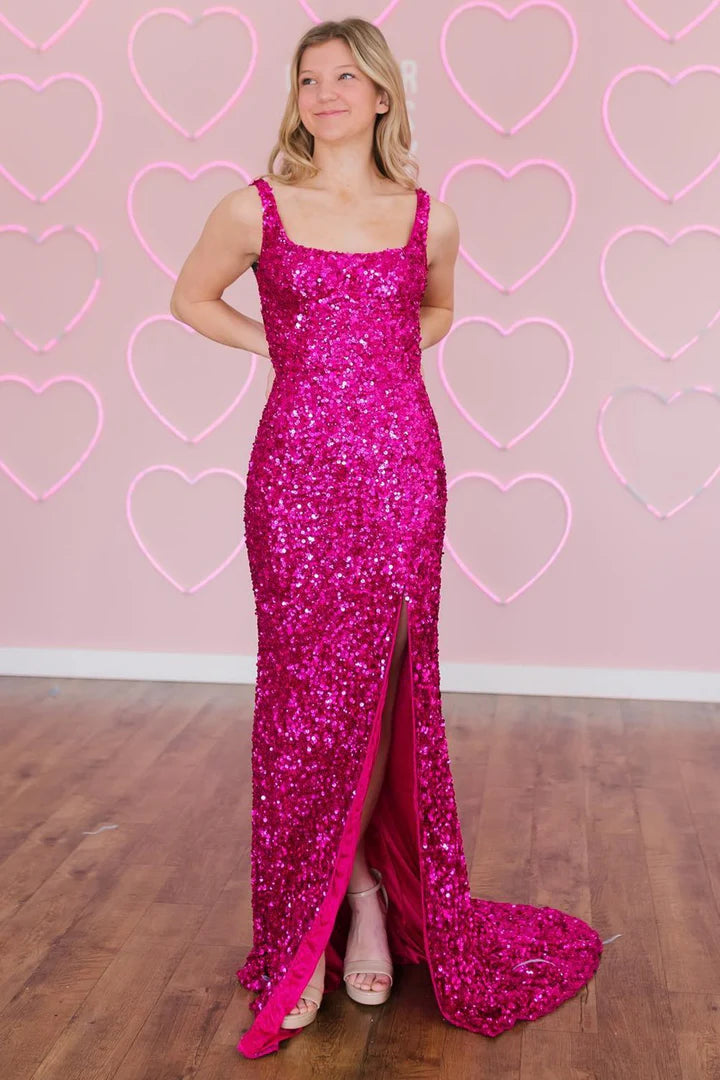 Sequin Square Neck Backless Long Formal Dress with Slit