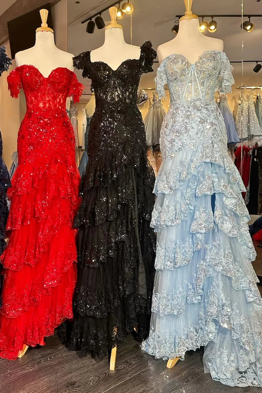 Sequin-Embroidery Off-the-Shoulder Tiered Long Prom Dress with Slit