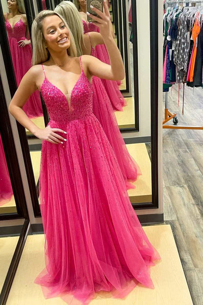 A-Line Spaghetti Straps Open Back Beaded Long Formal Dress Prom Dress With Sequins