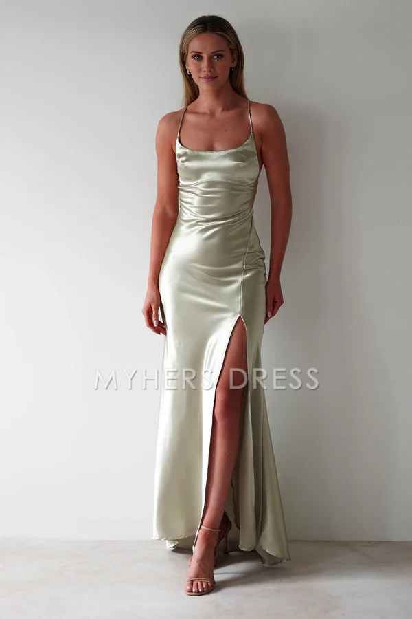 My Hers Prom Dress Figure Slimming Slip Dress Straight Neckline Low Back Adjustable Tie Straps Elegant Simple Ladies Formal Dress
