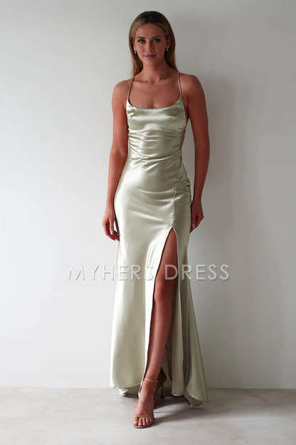 My Hers Prom Dress Figure Slimming Slip Dress Straight Neckline Low Back Adjustable Tie Straps Elegant Simple Ladies Formal Dress