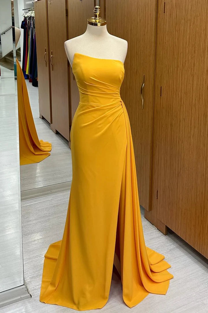 Strapless Ruched Bridesmaid Dress with Slit and Attached Train