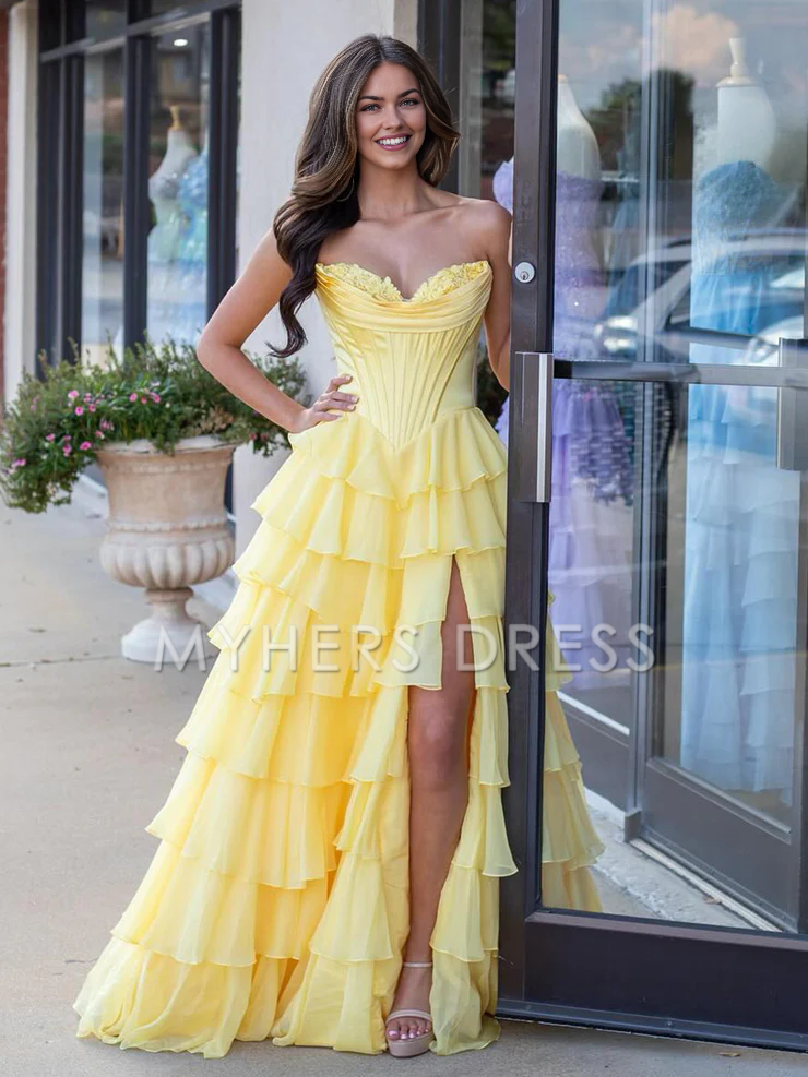 My Hers Ladies Formal Dress Cute Sweetheart A-Line Ruffle Chiffon Tiered Long With Split Exquisite Prom Dress