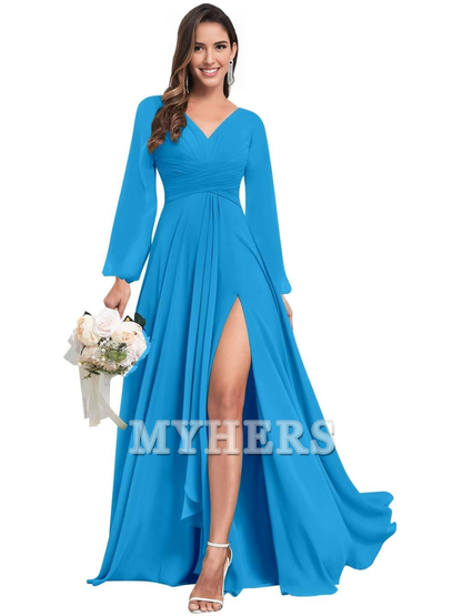 Elegant Chiffon Long Sleeves V Neck Ruffle Side Fork Long Bridesmaid Dresses Wedding Guests Dresses