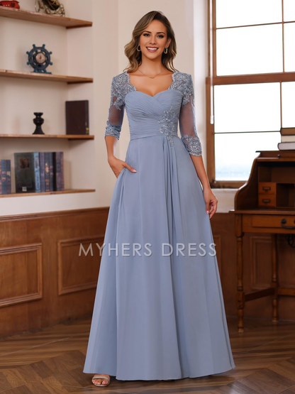 My Hers New Product Mother of The Bride Dress A Line Sweetheart Chiffon Dresses Lace Half Sleeve Elegant Wedding Guests Dresses