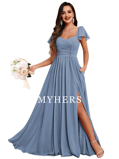 Formal Wear Dresses Short Sleeve Bridesmaid Dresses Side Fork Chiffon Ruched Long Evening Gown Elegant Prom Dress