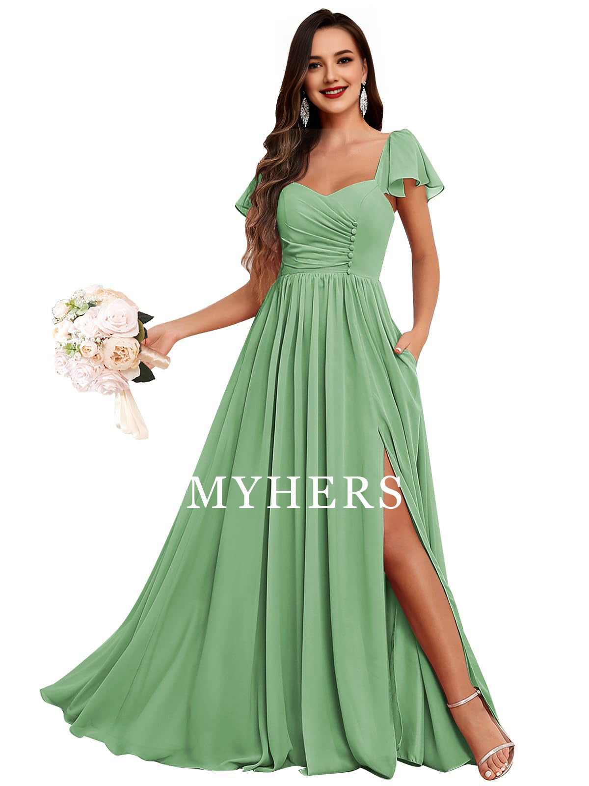 Formal Wear Dresses Short Sleeve Bridesmaid Dresses Side Fork Chiffon Ruched Long Evening Gown Elegant Prom Dress