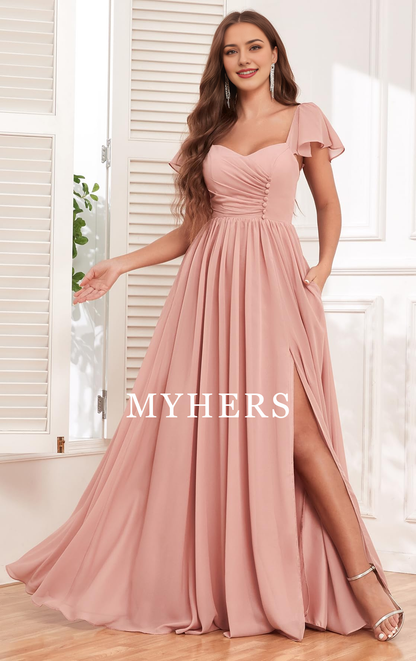 Formal Wear Dresses Short Sleeve Bridesmaid Dresses Side Fork Chiffon Ruched Long Evening Gown Elegant Prom Dress