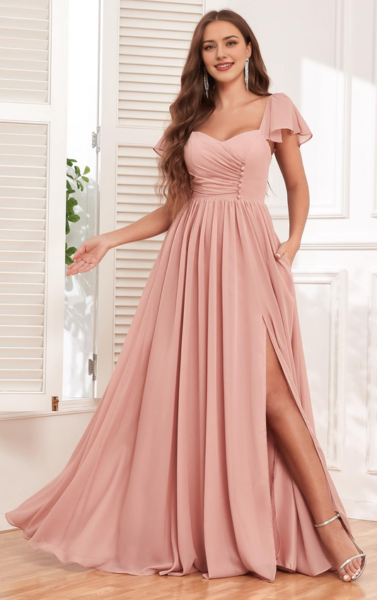 Formal Wear Dresses Short Sleeve Bridesmaid Dresses Side Fork Chiffon Ruched Long Evening Gown Elegant Prom Dress