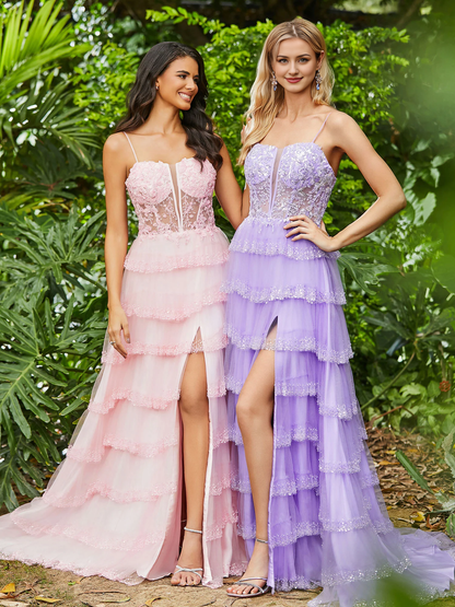 Tulle Tiered Dresses Corset Bodice Illusion Top Prom Dress