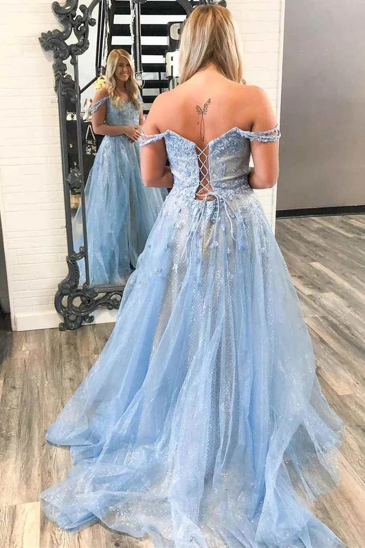 Tulle Off-the-Shoulder Appliqués Long Prom Dress