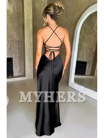 Bandage Backless Elegant Dress Side Fork Spaghetti Strap Slim Cocktail Party Club Fashion Satin Solid Lace-Up Long Dresses Evening Dress Formal Women's Dresses