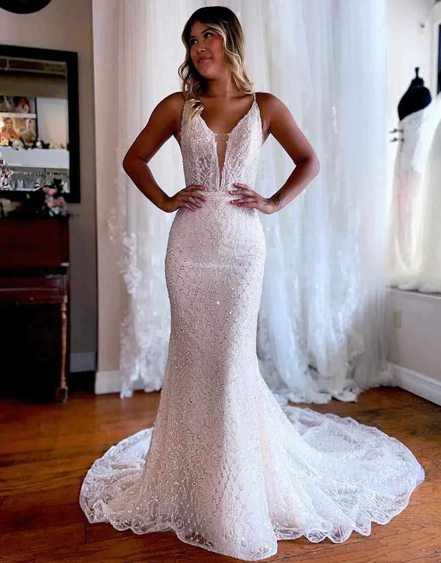 Mermaid White Sweep Train Long Wedding Dress