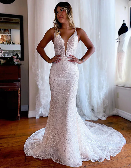 Mermaid White Sweep Train Long Wedding Dress