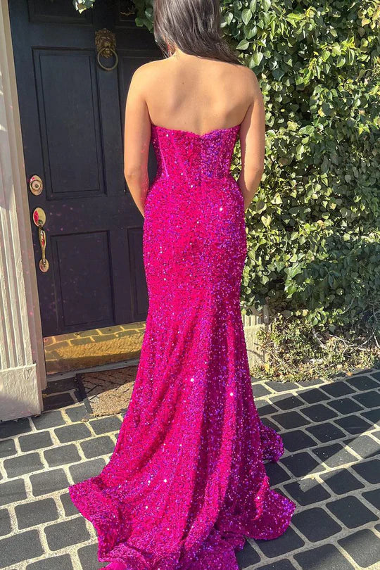 Cute Mermaid Off-the-Shoulder Sweetheart Dragon Fruit Color Sequins Long Prom Dresses