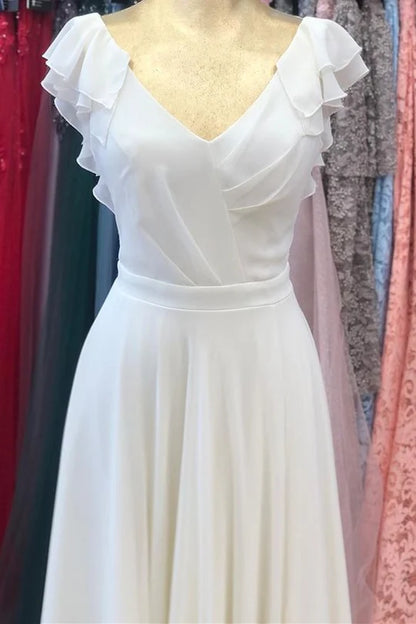 Chiffon V-Neck Backless Ruffled Long Bridesmaid Dress