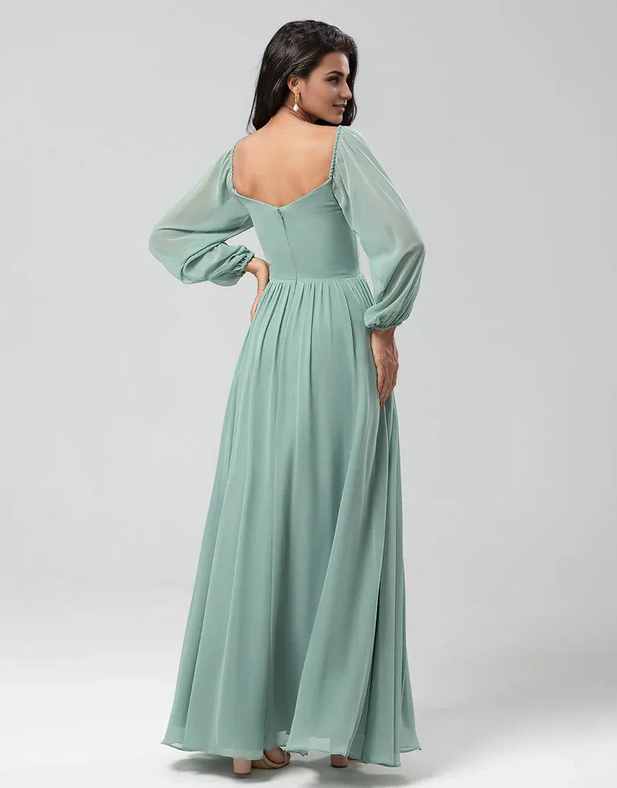 Off the Shoulder Chiffon Long Sleeves Green Bridemaid Dress with Slit