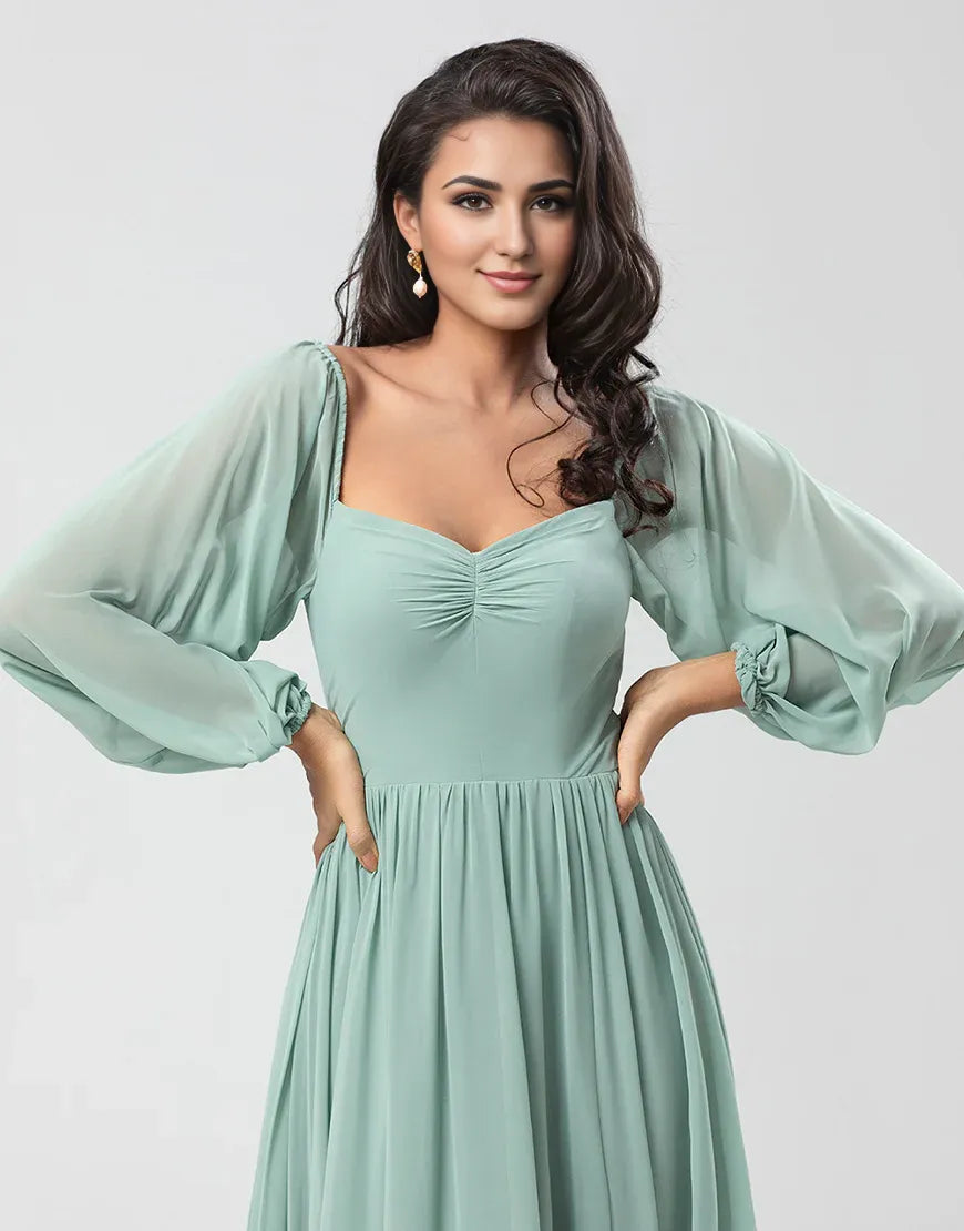 Off the Shoulder Chiffon Long Sleeves Green Bridemaid Dress with Slit