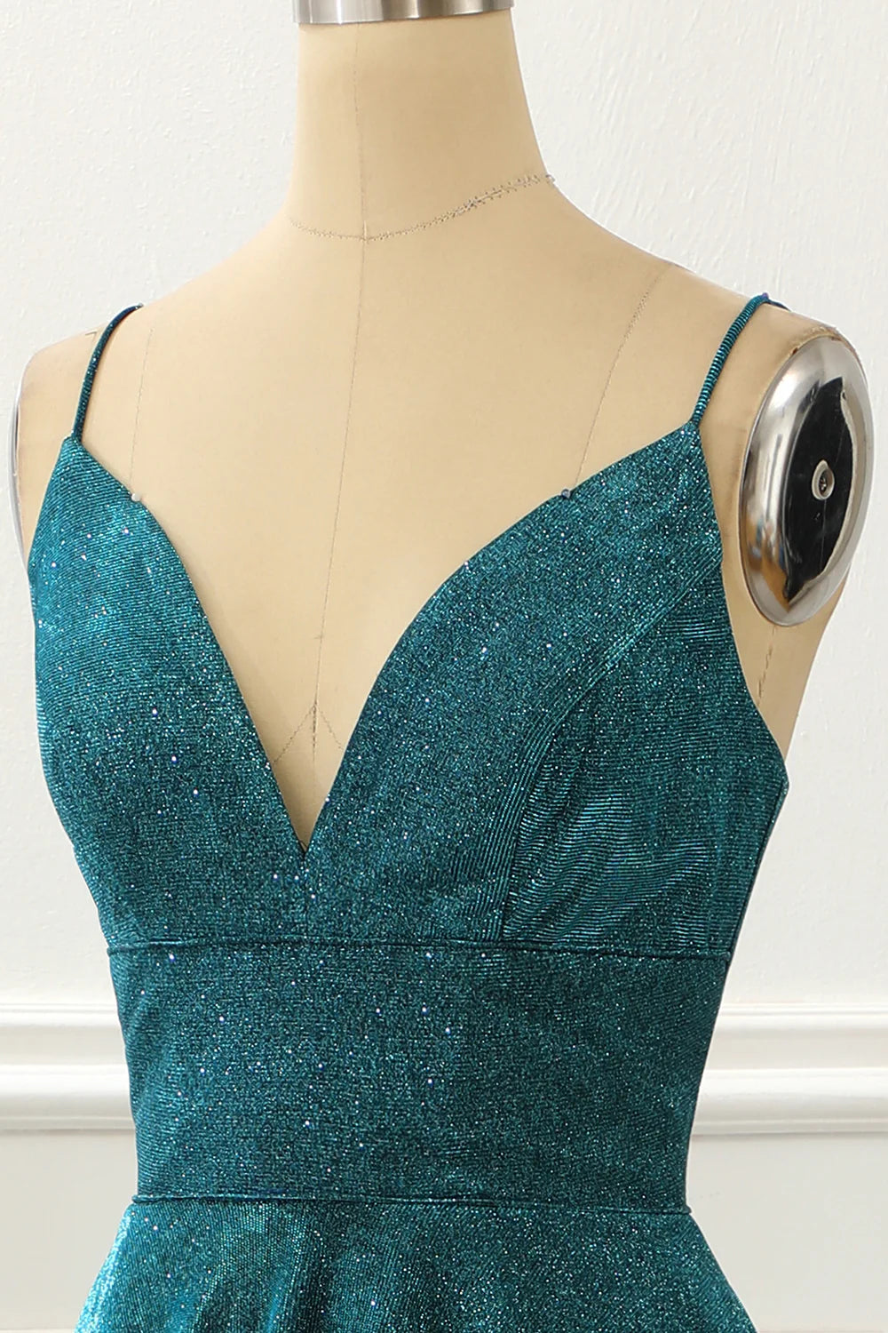 Blue V-Neck Spaghetti Straps Floor-Length Long Sparkly Prom Dress ﻿