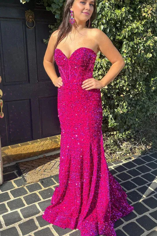 Cute Mermaid Off-the-Shoulder Sweetheart Dragon Fruit Color Sequins Long Prom Dresses