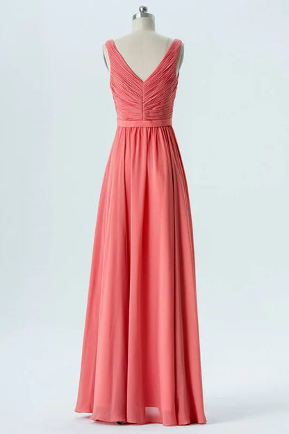 Coral Pink V-Neck Chiffon Sleeveless Ruffled Unique design Bridesmaid Dress