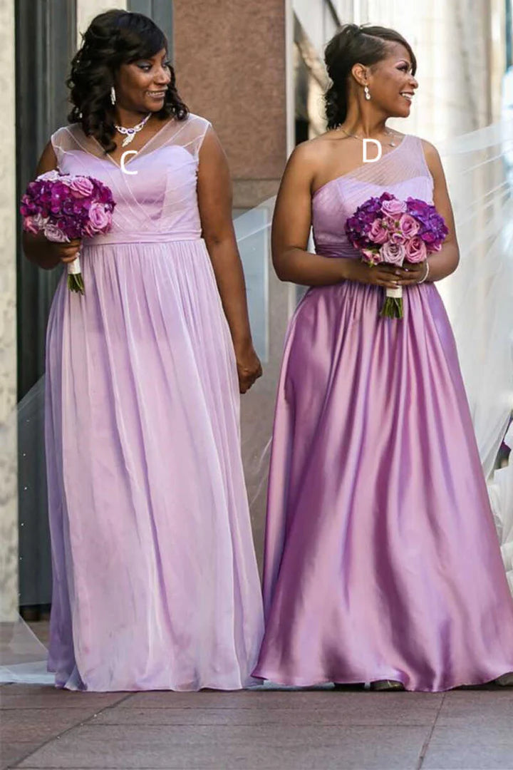 V-Neck/Square neck/One-Shoulder/Off-the-Shoulder Mismatched Light Purple Chiffon Long Bridesmaid Dress