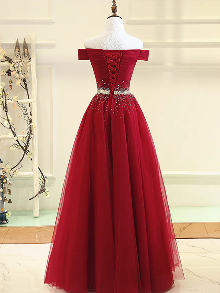 Glitter Sparking Burgundy Off Shoulder Tulle Prom Dress Formal Dress Evening Dress Bridesmaid Dress With Sequins