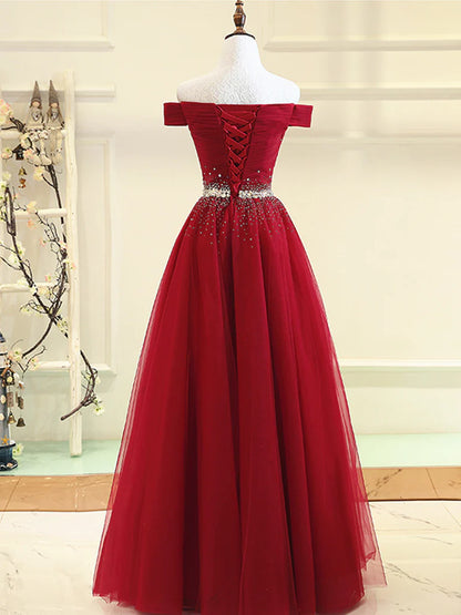 Glitter Sparking Burgundy Off Shoulder Tulle Prom Dress Formal Dress Evening Dress Bridesmaid Dress With Sequins