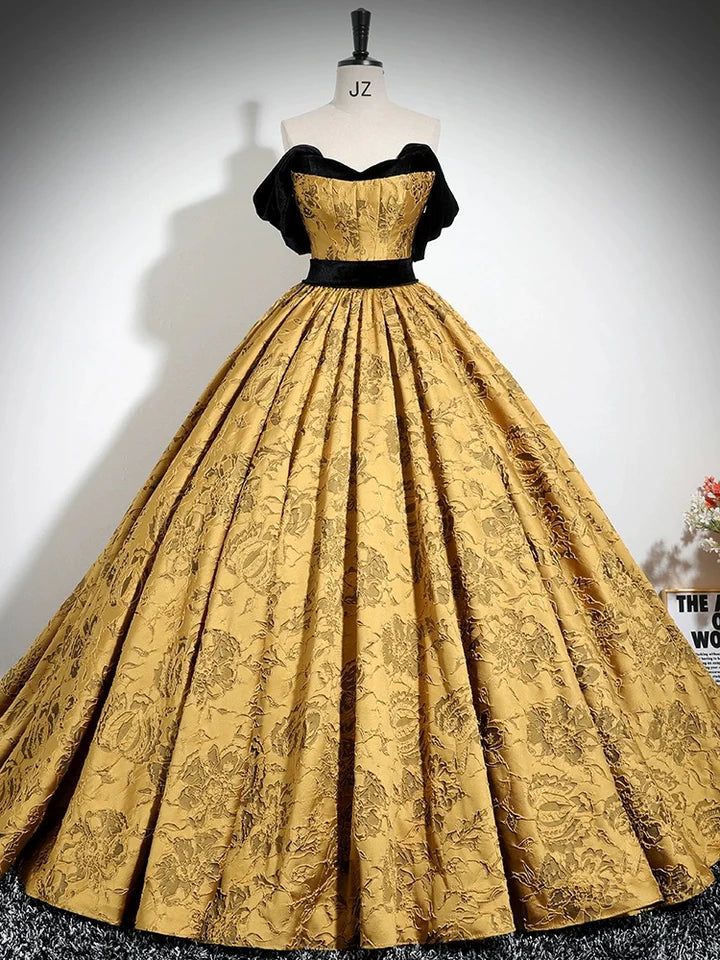 A-Line Off Shoulder Satin Elegant Prom Dress Detachable Sleeves Gold Color Blocking Long Atmosphere Evening dress