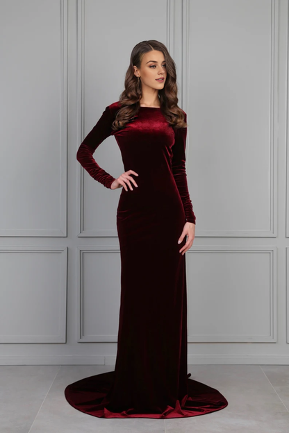 Velvet Dress Mermaid Gown Dress Maxi Open Back Train Dress Long Sleeve Wedding Guest Dress Evening Dress