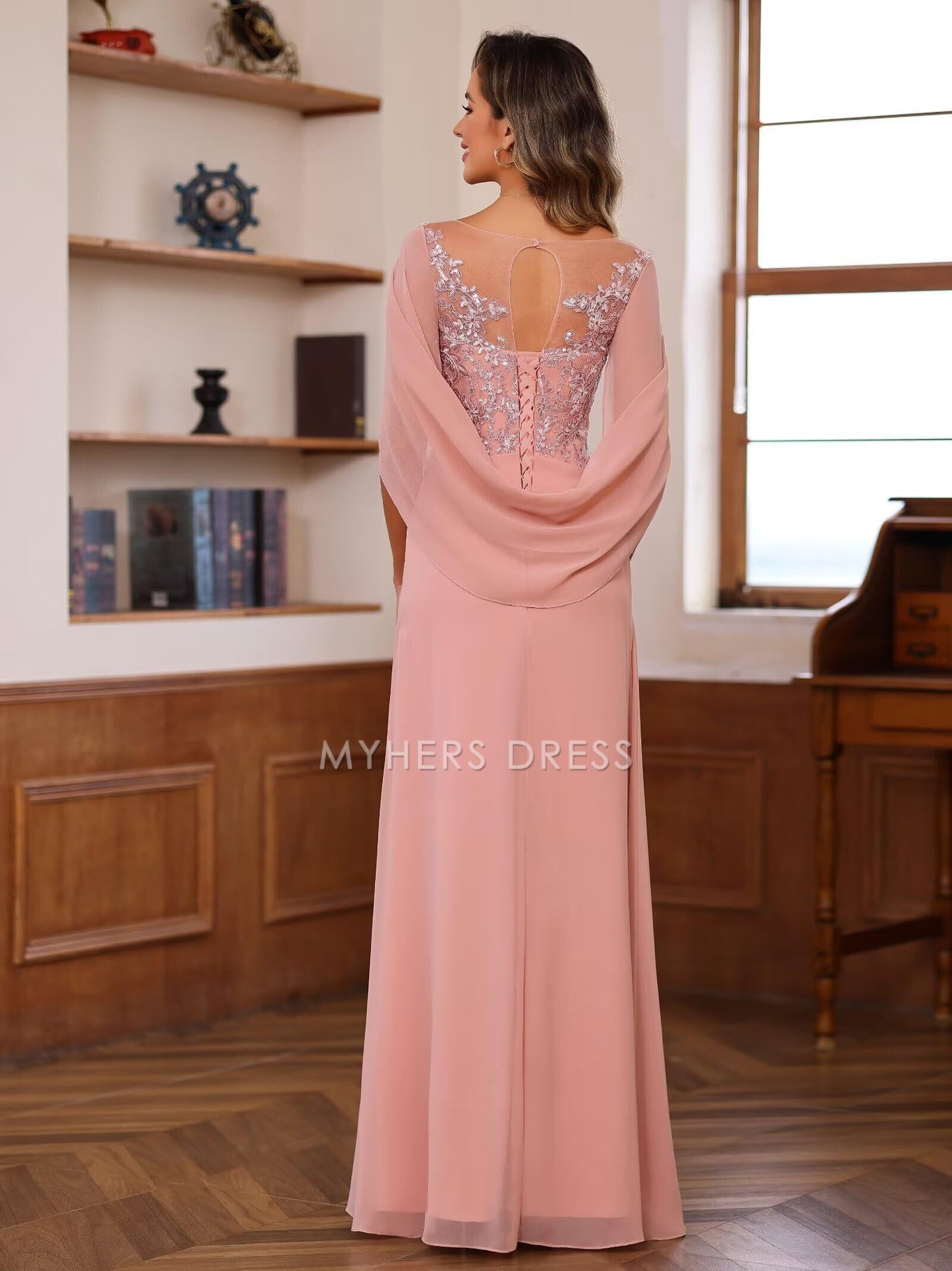 My Hers New Product Mother of The Bride Dress Lace Long Women Pleated Sequin Cape Scoop Illusion Chiffon Dresses Wedding Guests Dresses