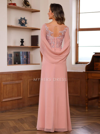 My Hers New Product Mother of The Bride Dress Lace Long Women Pleated Sequin Cape Scoop Illusion Chiffon Dresses Wedding Guests Dresses