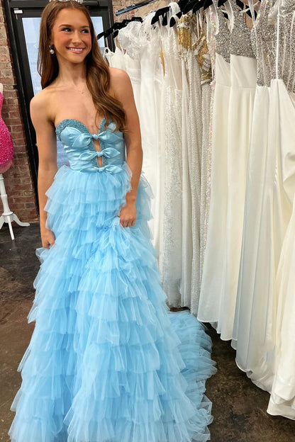 Strapless Bow Ruffle Long Prom Dress with Slit