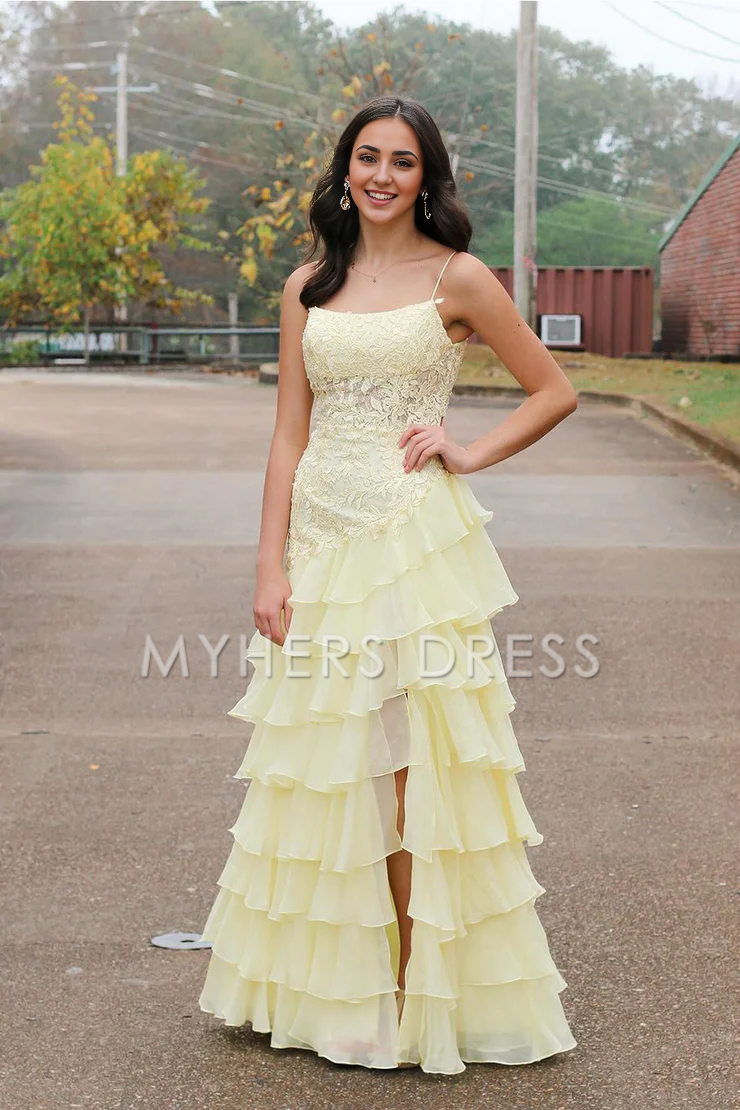 My Hers Ladies Formal Dress Cute A Line Scoop Neck Chiffon Tiered Lace Applique Long With Slit Prom Dress