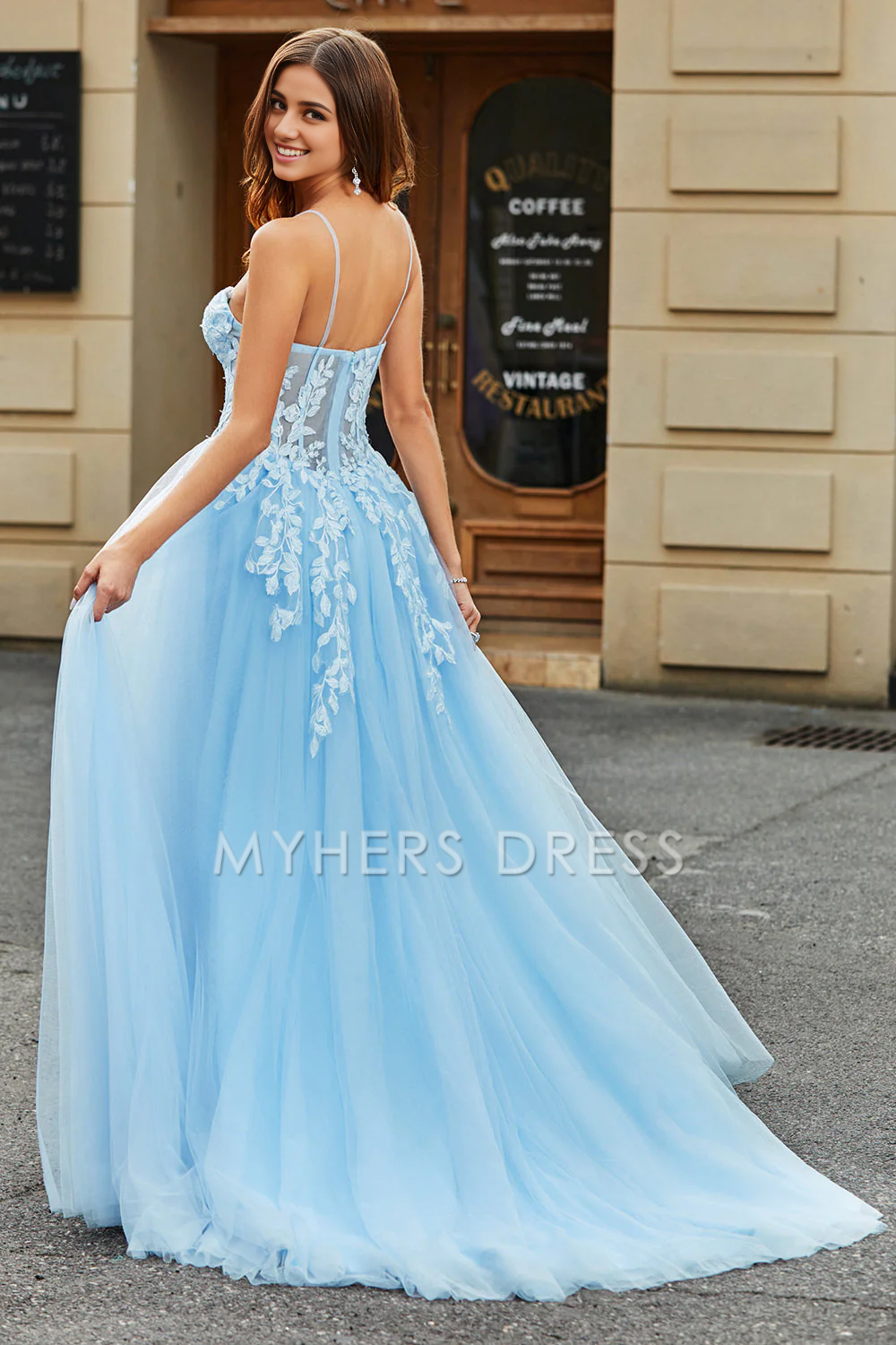 My Hers Ladies Formal Dress Tulle A-Line Spaghetti Straps Corset With Appliques Side Fork Long Romantic Prom Dress
