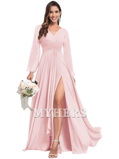 Elegant Chiffon Long Sleeves V Neck Ruffle Side Fork Long Bridesmaid Dresses Wedding Guests Dresses