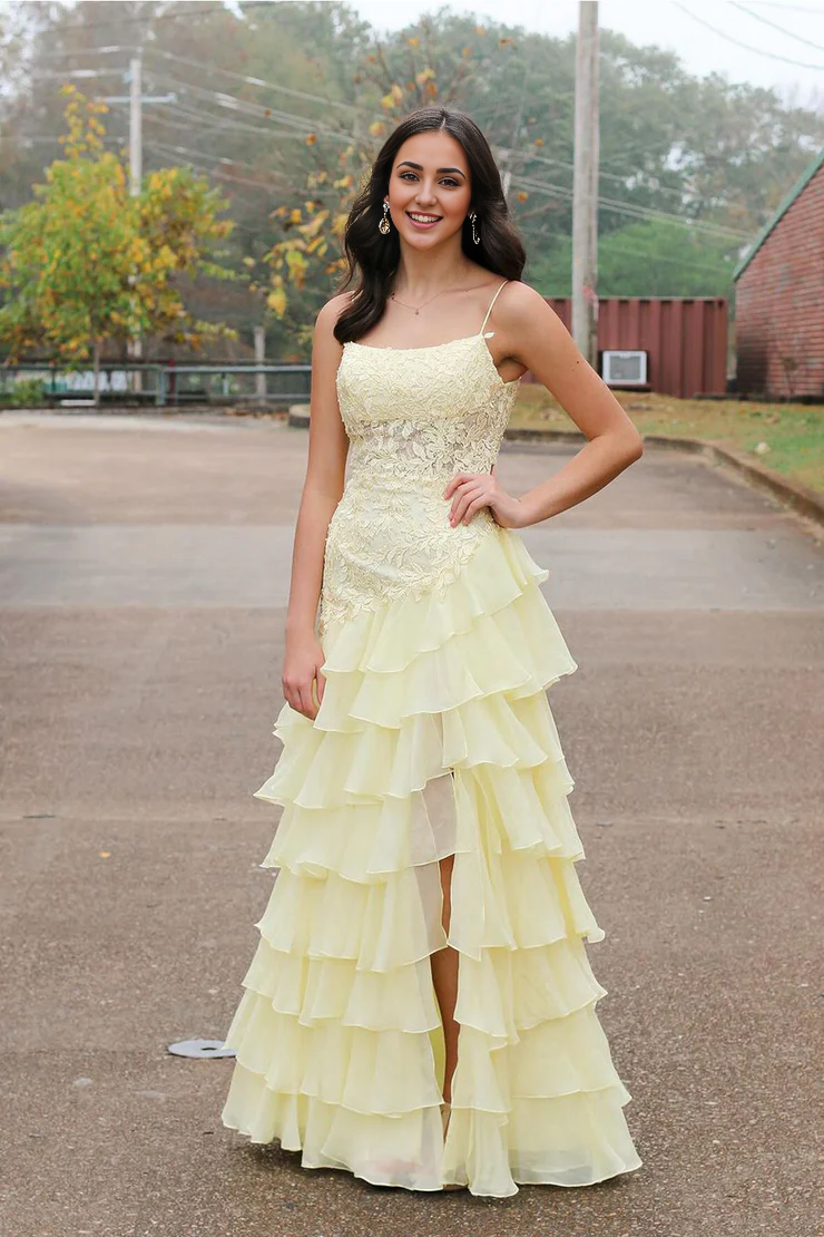 My Hers Ladies Formal Dress Cute A Line Scoop Neck Chiffon Tiered Lace Applique Long With Slit Prom Dress