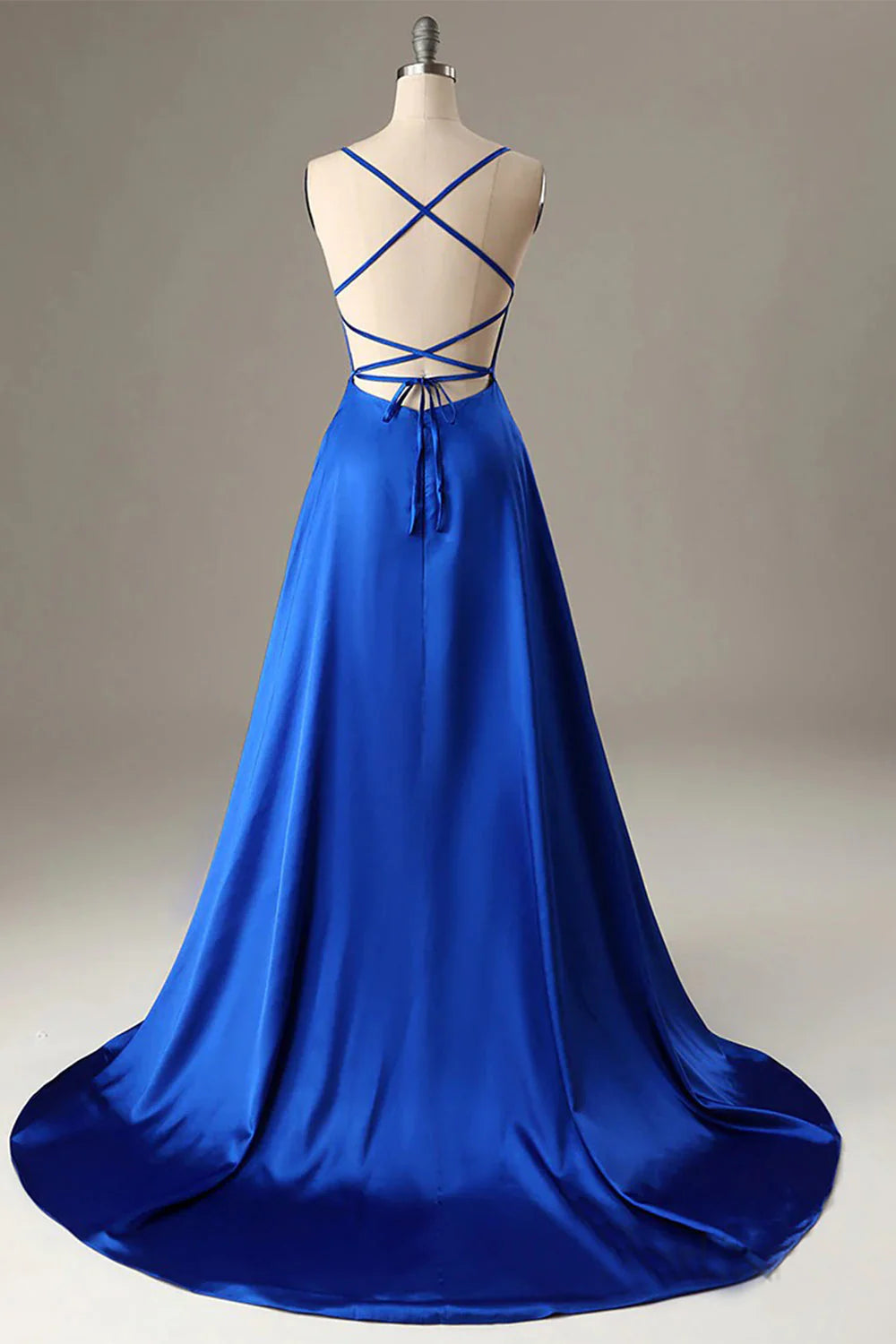 Royal Blue Square Neck Halter Lace-Up Back Backless A Line Satin Prom Dress