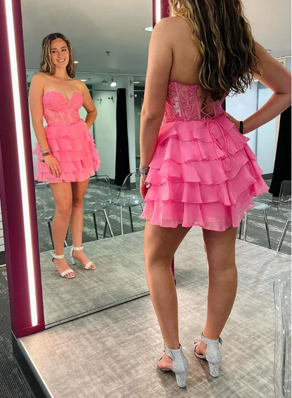 Cute A Line Off-the-Shoulder Sweetheart Hot Pink Chiffon Tiered Short Homecoming Dresses
