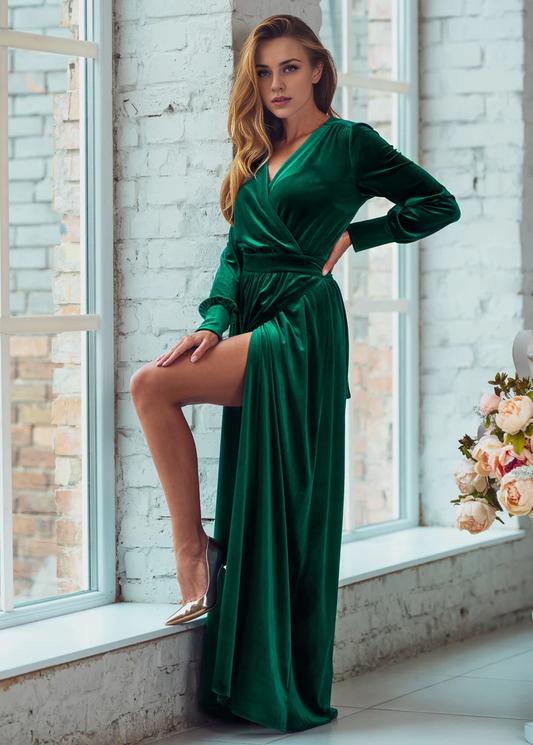 Wrap Longuette Velvet Dress V Neck Long Sleeves Formal Wear Dresses Wedding Guest Dress Evening Dress