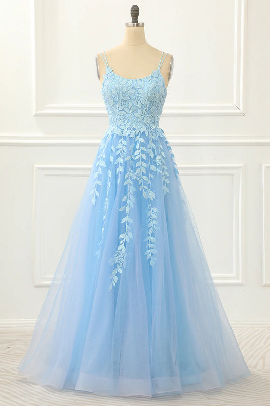 Blue Tulle Spaghetti Strap Lace-up Back A Line Prom Dress with Appliques