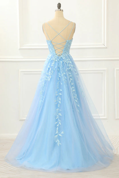 Blue Tulle Spaghetti Strap Lace-up Back A Line Prom Dress with Appliques