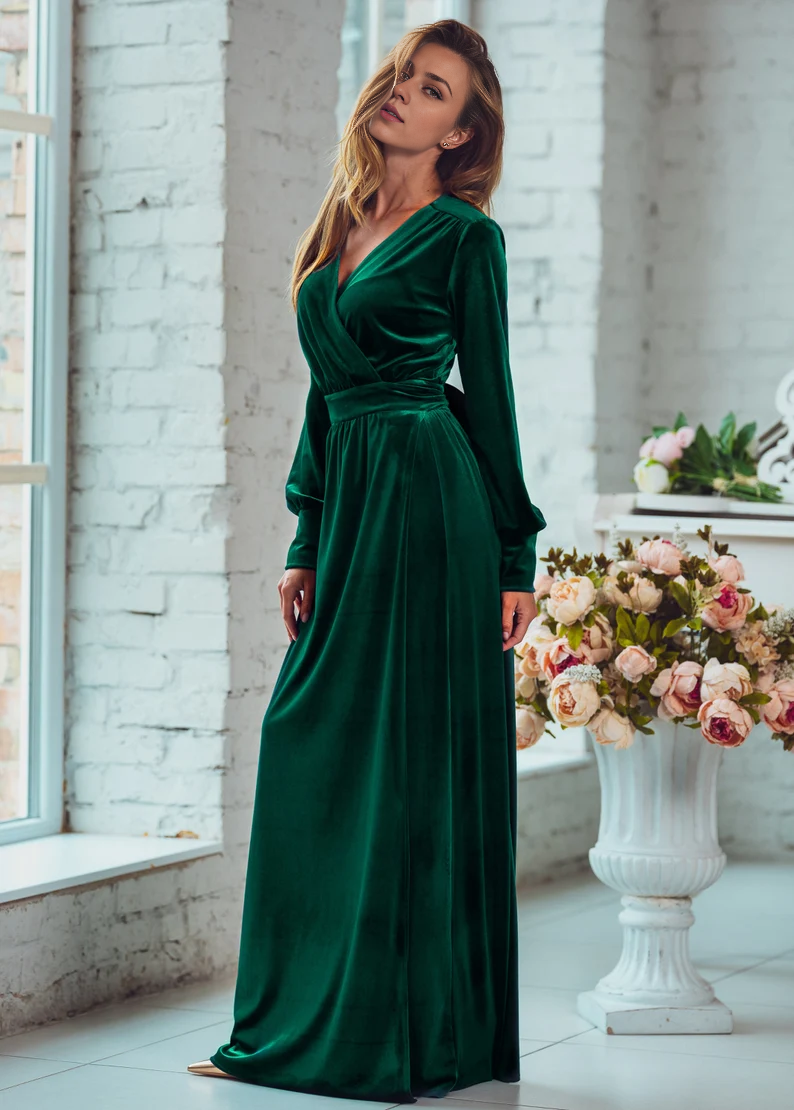 Wrap Longuette Velvet Dress V Neck Long Sleeves Formal Wear Dresses Wedding Guest Dress Evening Dress