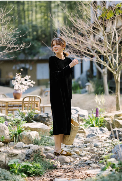 Loose Vintage Velvet Dress Casual Dress Round Neck Long Sleeves Formal Wear Dresses Wedding Guest Dress Evening Dress
