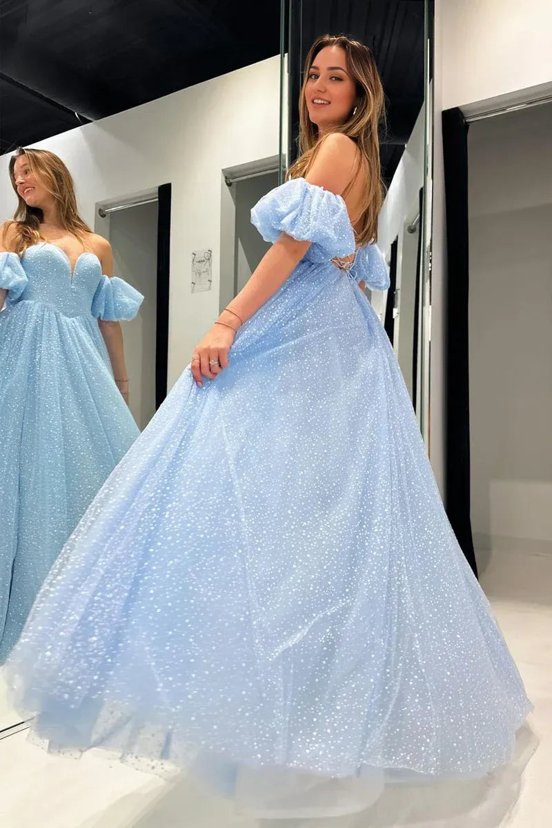 Trendy A Line Off-the-Shoulder Sweetheart Blue Corset Prom Dress with Slit