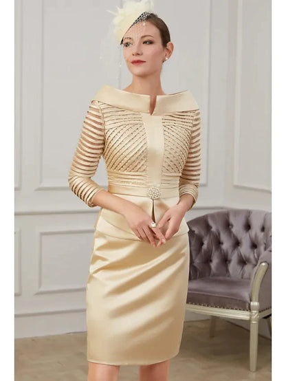 Mother of the Bride Dress Plus Size Off Shoulder Knee Length Polyester 3/4 Length Sleeve with Ruching