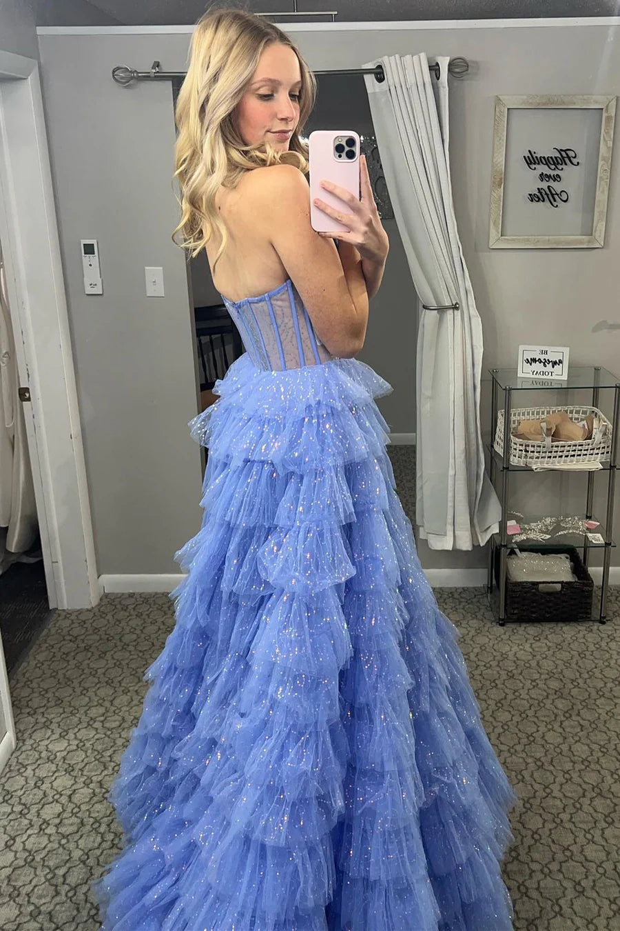 Strapless Tulle Sequin A-Line Prom Gown