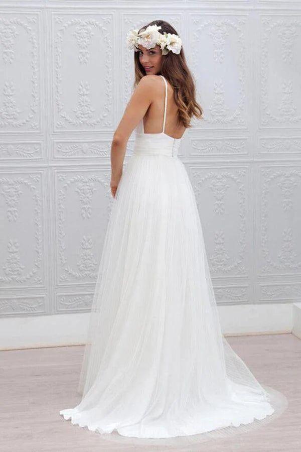 Simple V-neck Floor-Length Wedding Dress With Ruched Sash