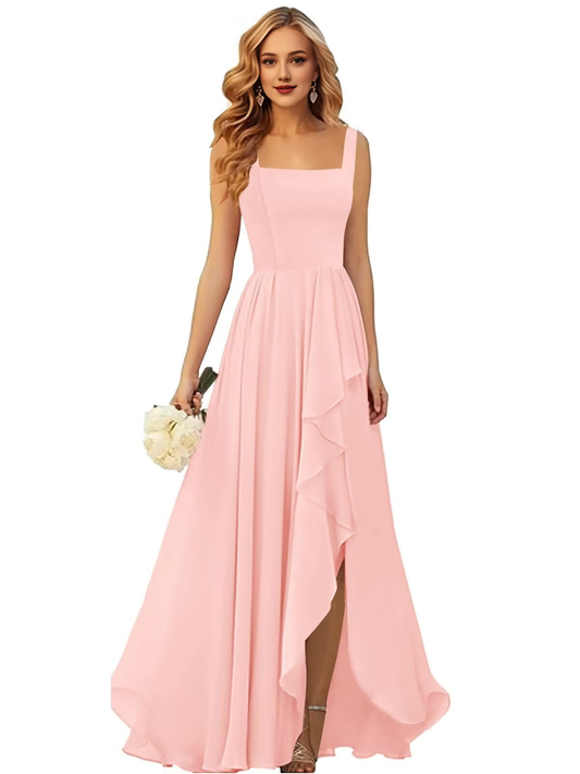 Elegant Simple Ruffle Square Neck Side Fork Long Bridesmaid Dresses Wedding Guests Dresses