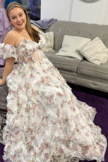 Print Puff Sleeve Ruffle Long Prom Dress